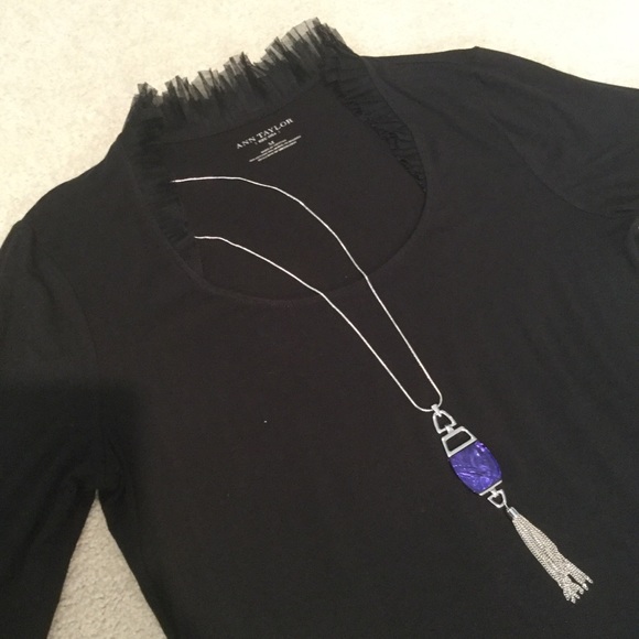 Ann Taylor Long Sleeve Black Top with Tulle Collar - Picture 2 of 3